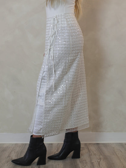 White sequin midi skirt with side tie details  and slit 