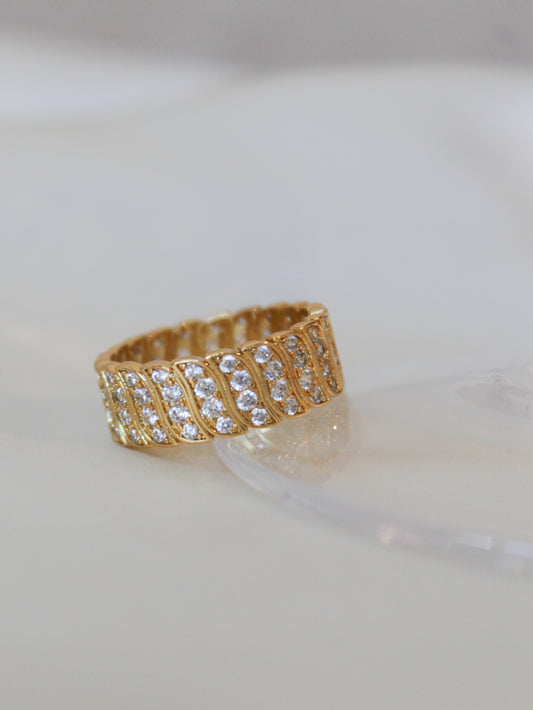 Gold Cigar Ring with Clear Crystal Details
