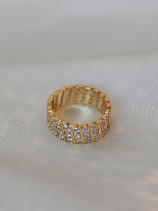 Gold Statement Ring with Clear Crystal Details
