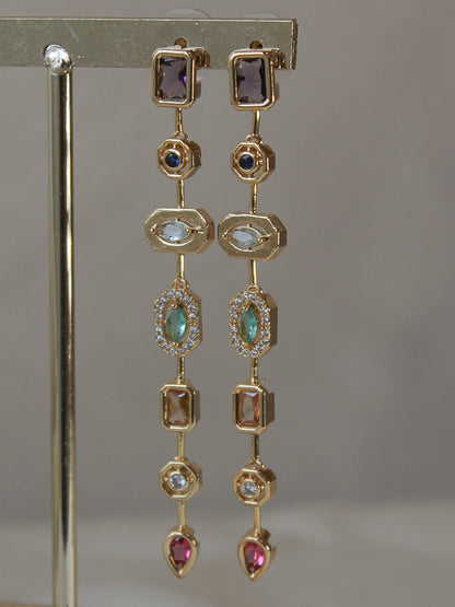 Gold drop earrings with multicolored gemstones