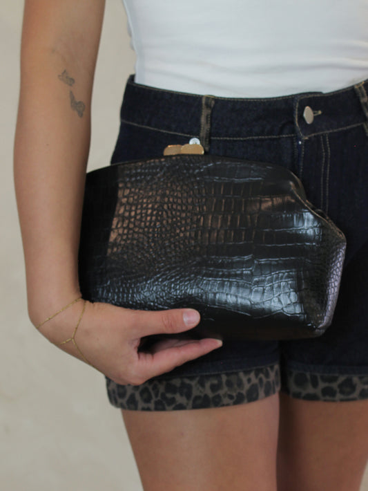 Black faux leather clutch with croc skin detail 