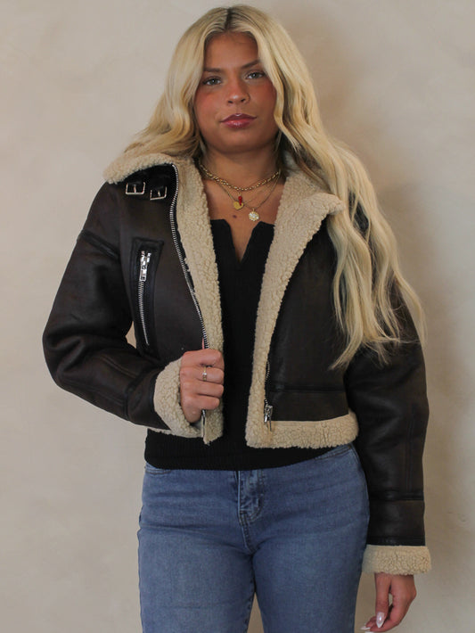 Brown leather bomber jacket with faux fur 