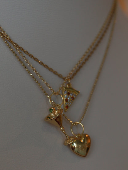 Pizza, martini and heart charm necklaces