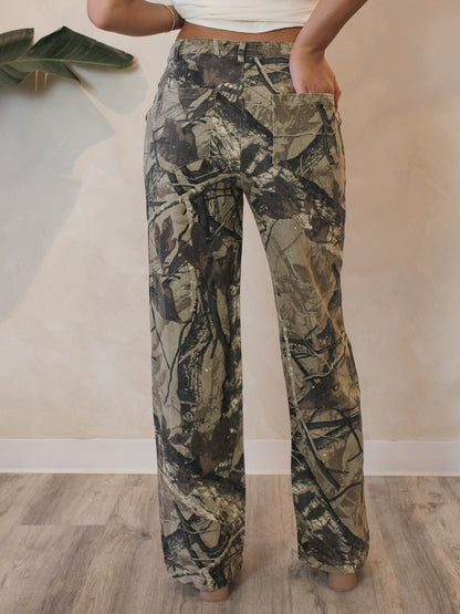 Back view of camo denim with a wide leg, mid-rise fit for a cool girl outfit