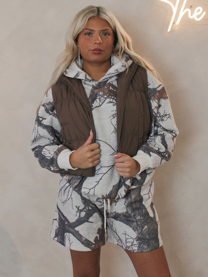 Woman wearing a camo lounge set outfit