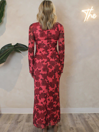 Red floral print maxi dress with long sleeves