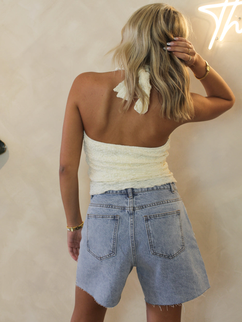 Off white, mesh textured halter top 