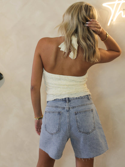 Off white, mesh textured halter top 