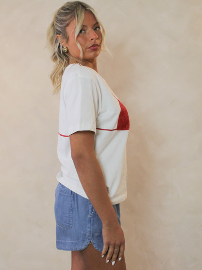 White tee with red bikini graphic - side view