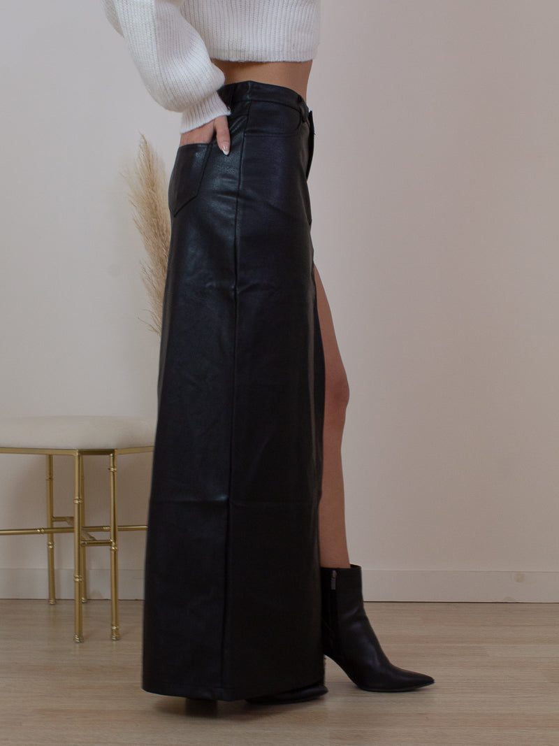 Faux Leather Maxi Skirt With Front Slit 