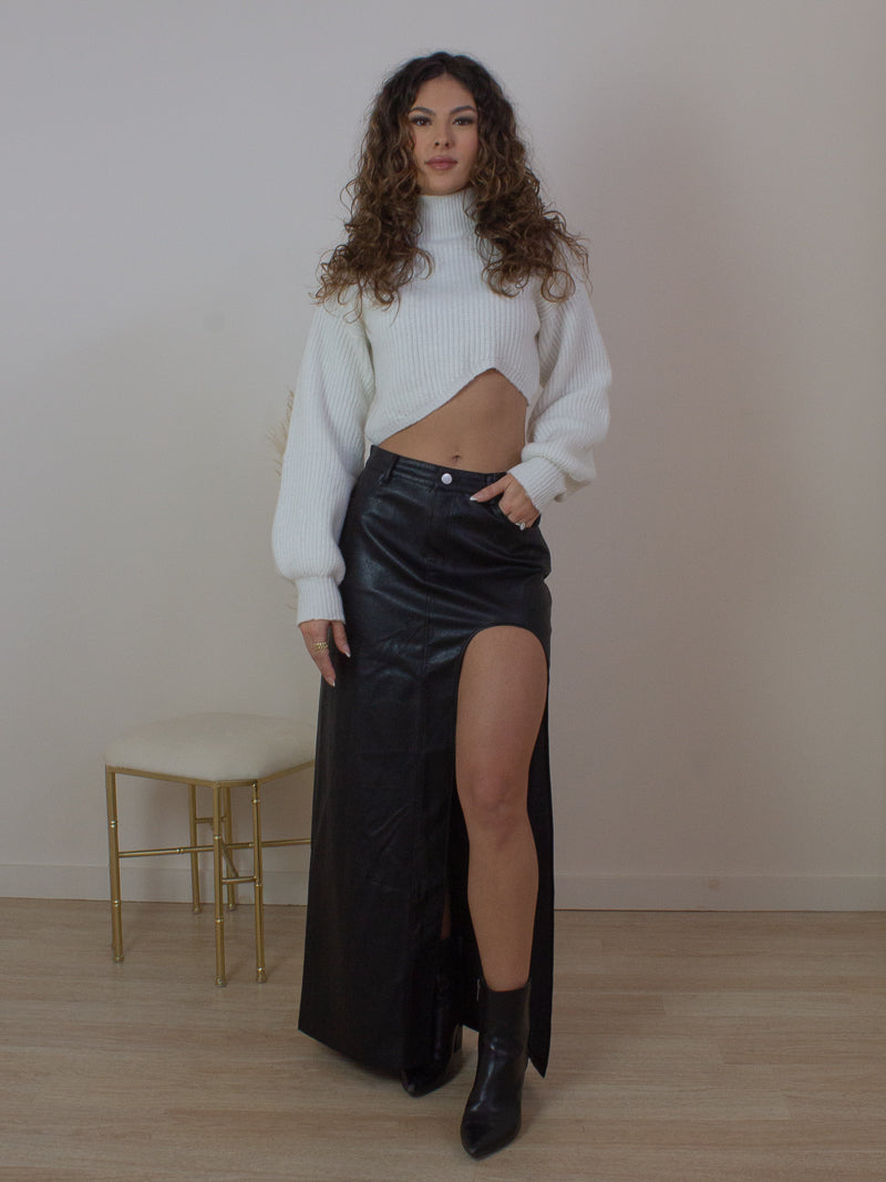 Black Faux Leather Maxi Skirt with slit 