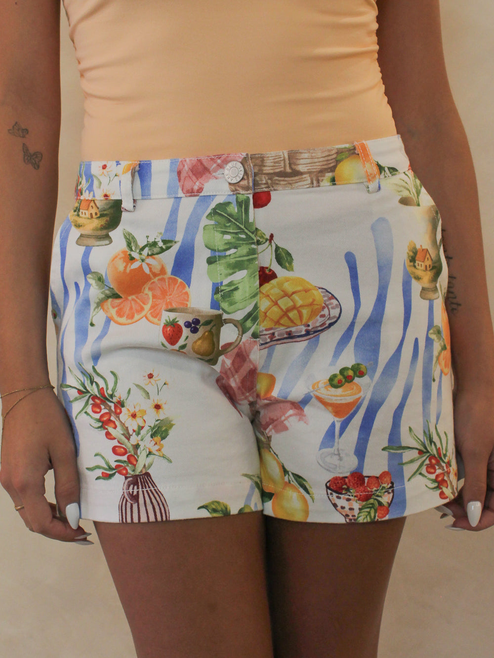 Fruit & floral print white denim shorts