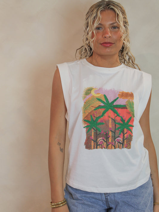 Embroidered Palm Tree Muscle Tank