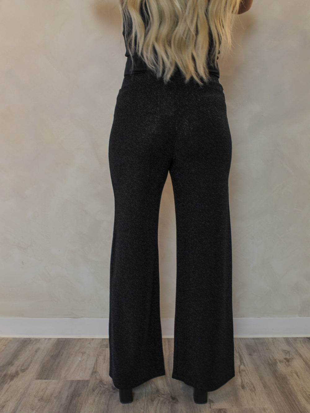 Black Shimmer pants with a wide leg fit and shimmer detail 