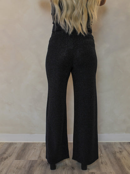 Black Shimmer pants with a wide leg fit and shimmer detail 