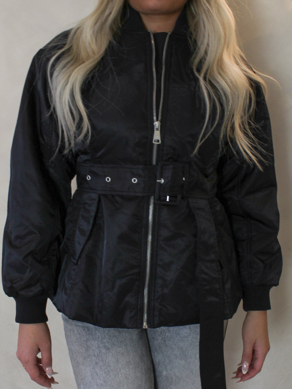 Black flared windbreaker jacket by Steve Madden 
