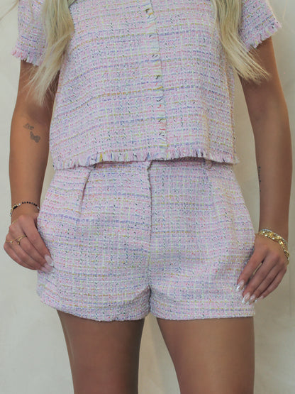 Blush pink, tailored, tweed shorts by Steve Madden 