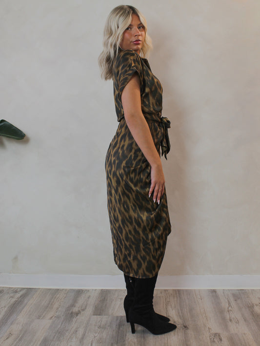 Short sleeve, silky, satin midi dress with a leopard print by Steve Madden 