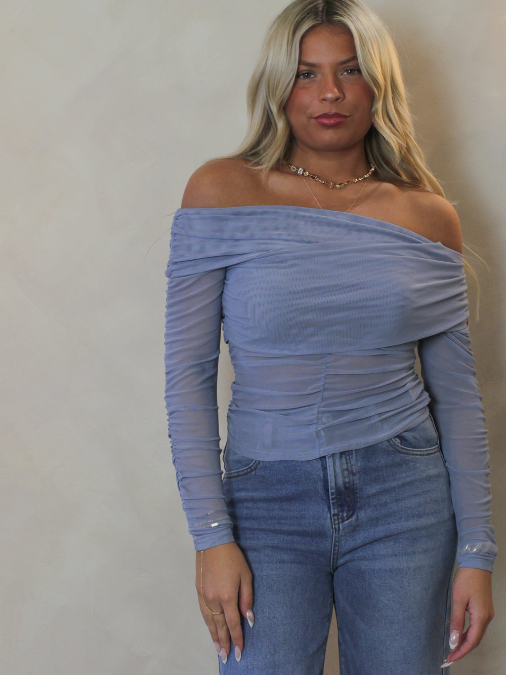 Steve Madden Light blue, off the shoulder, long sleeve, mesh top