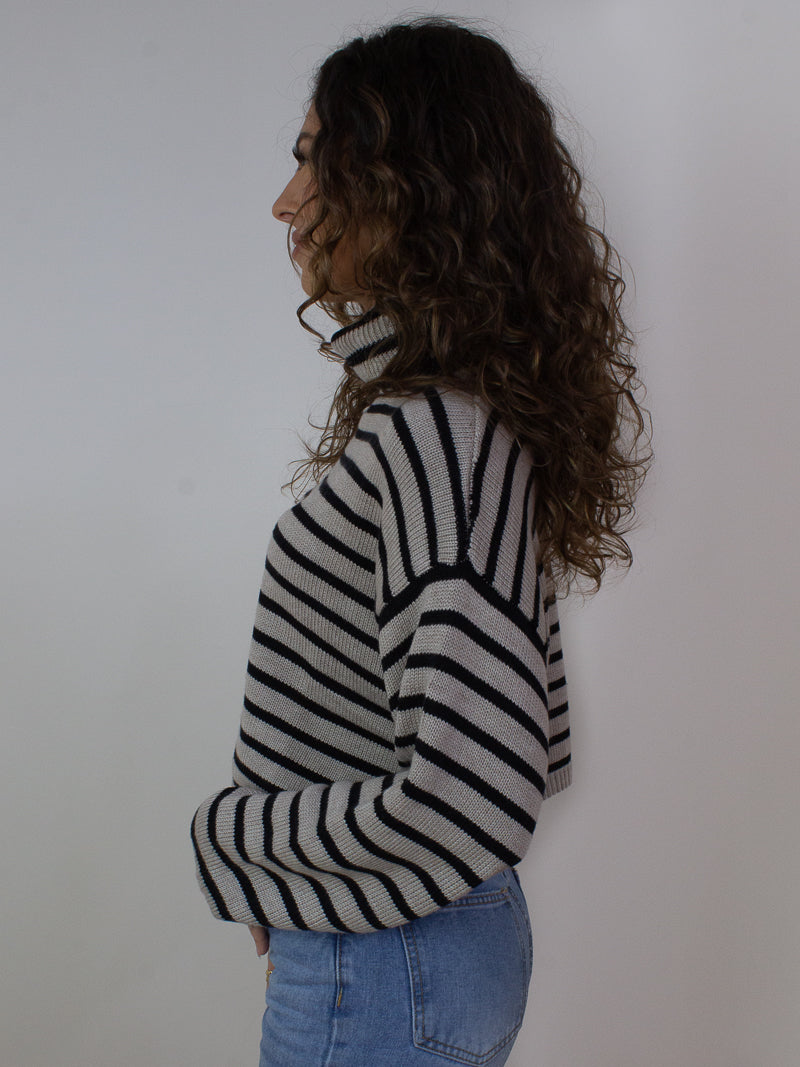 womens black and grey striped turtle neck sweater