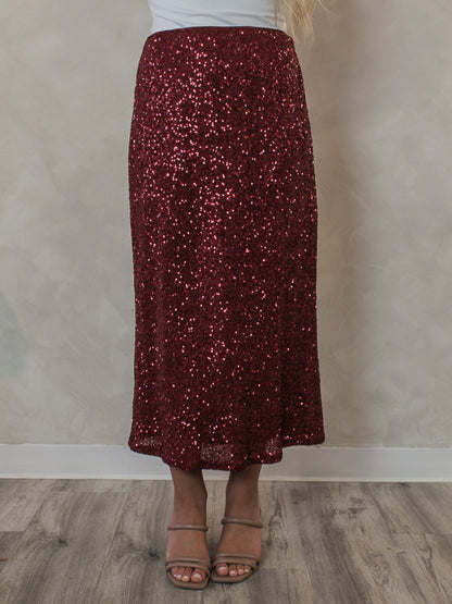 Red sequin midi skirt for the holiday season 