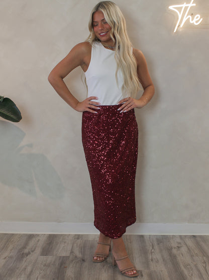 Red sequin midi skirt for the holiday