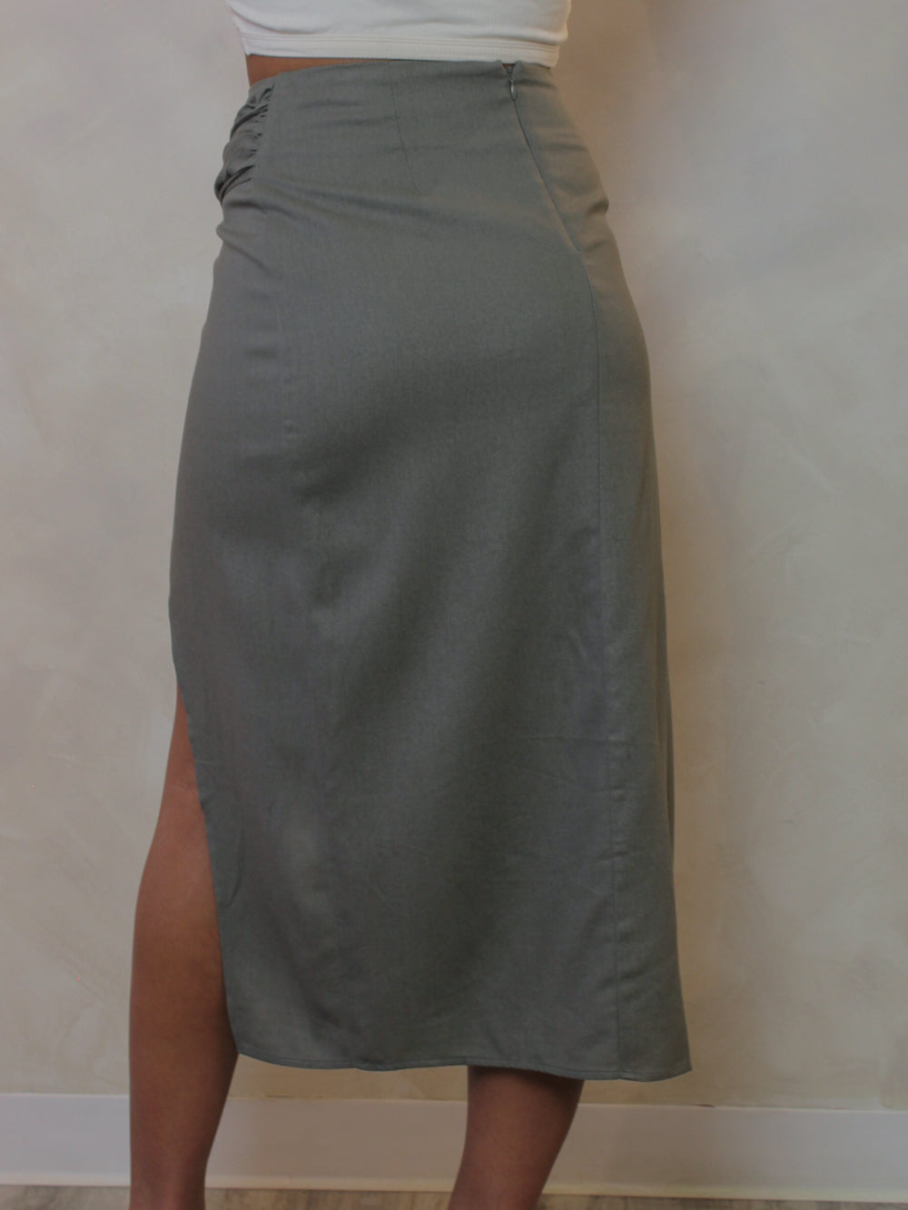 olive midi skirt back view.