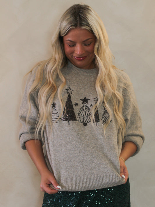 Gray Christmas tree sweater with sequin trees 