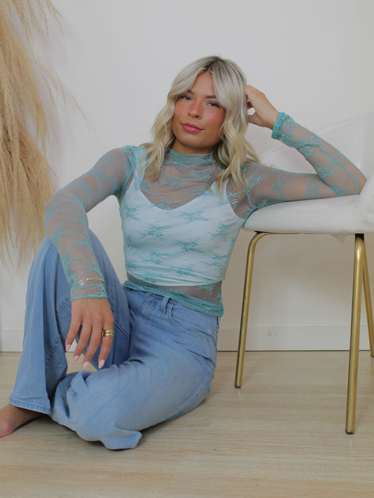 Teal Long Sleeve Lace Top Paired with Blue Denim 