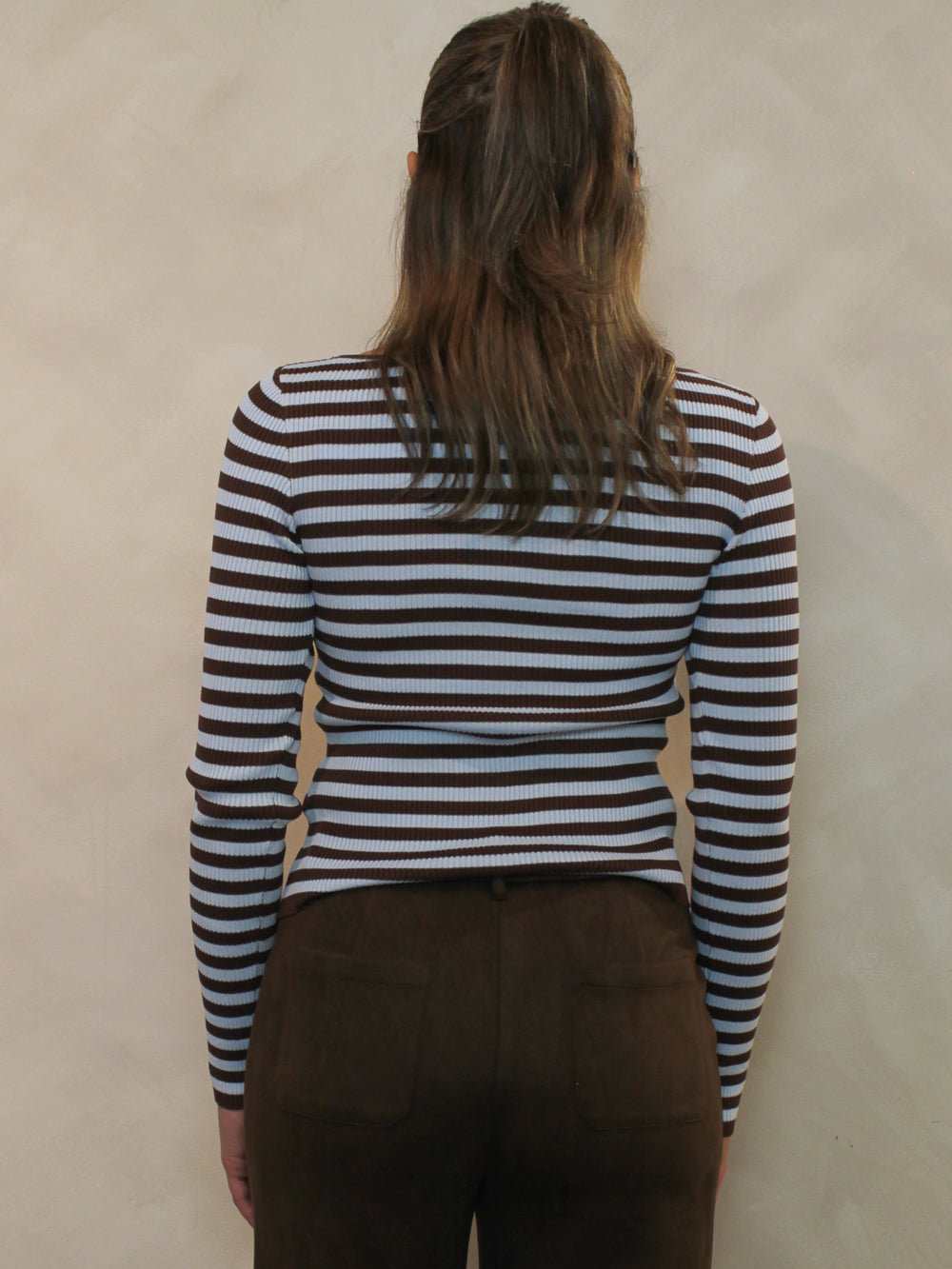 Chocolate brown and blue striped top