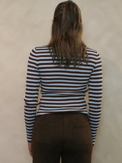 Chocolate brown and blue striped top