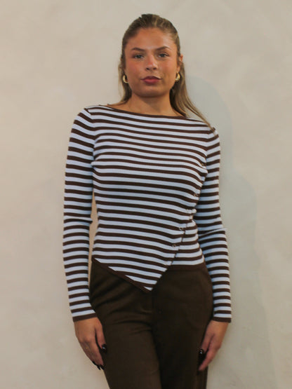 Chocolate brown and blue striped top with an asymmetric hem