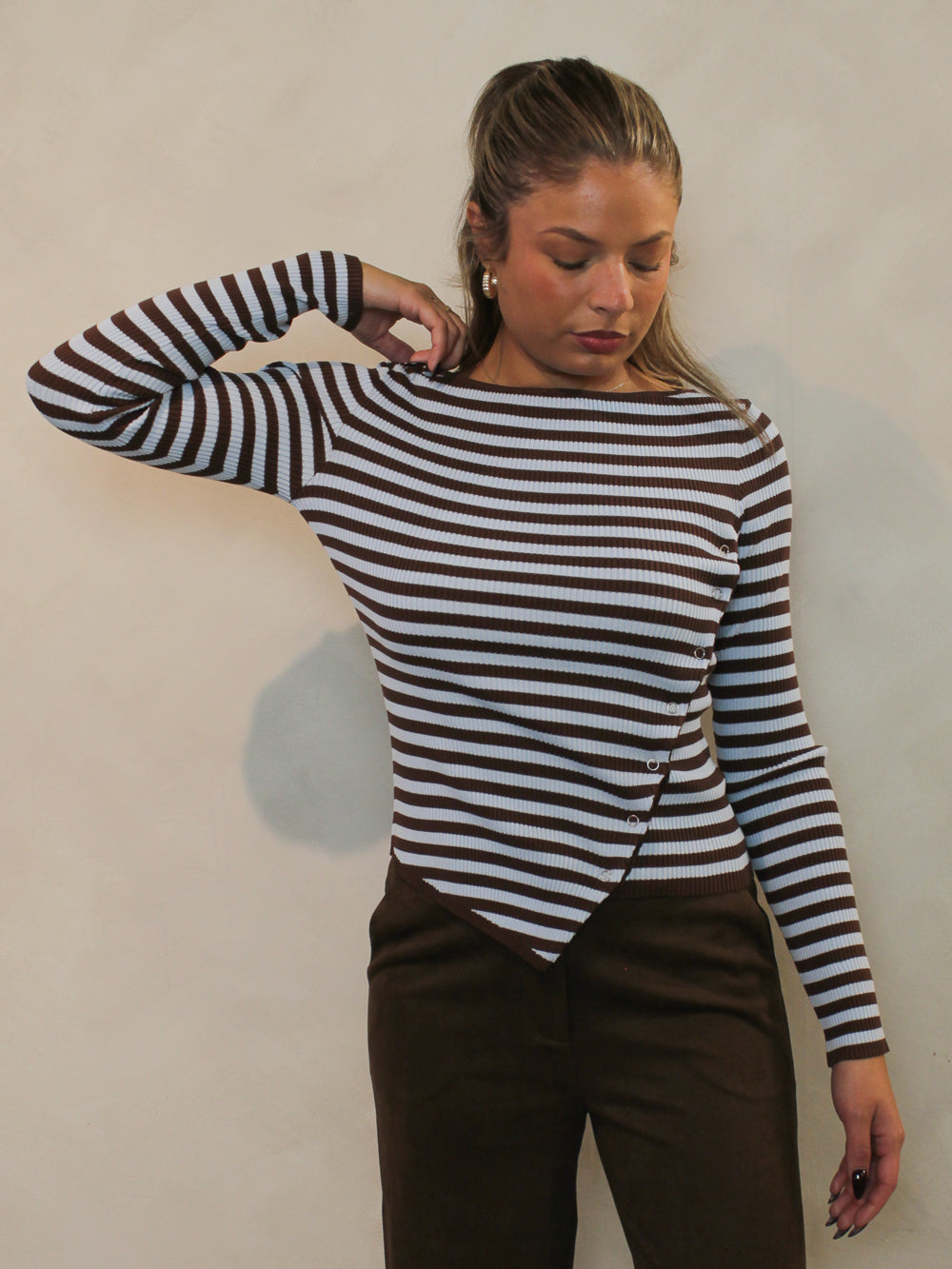 Brown and baby blue striped long sleeve top