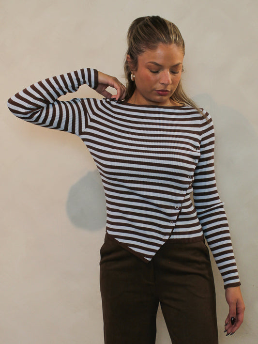 Brown and baby blue striped long sleeve top