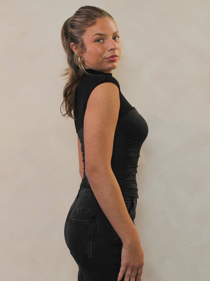 Side view of a black mock neck top with a mesh neckline.