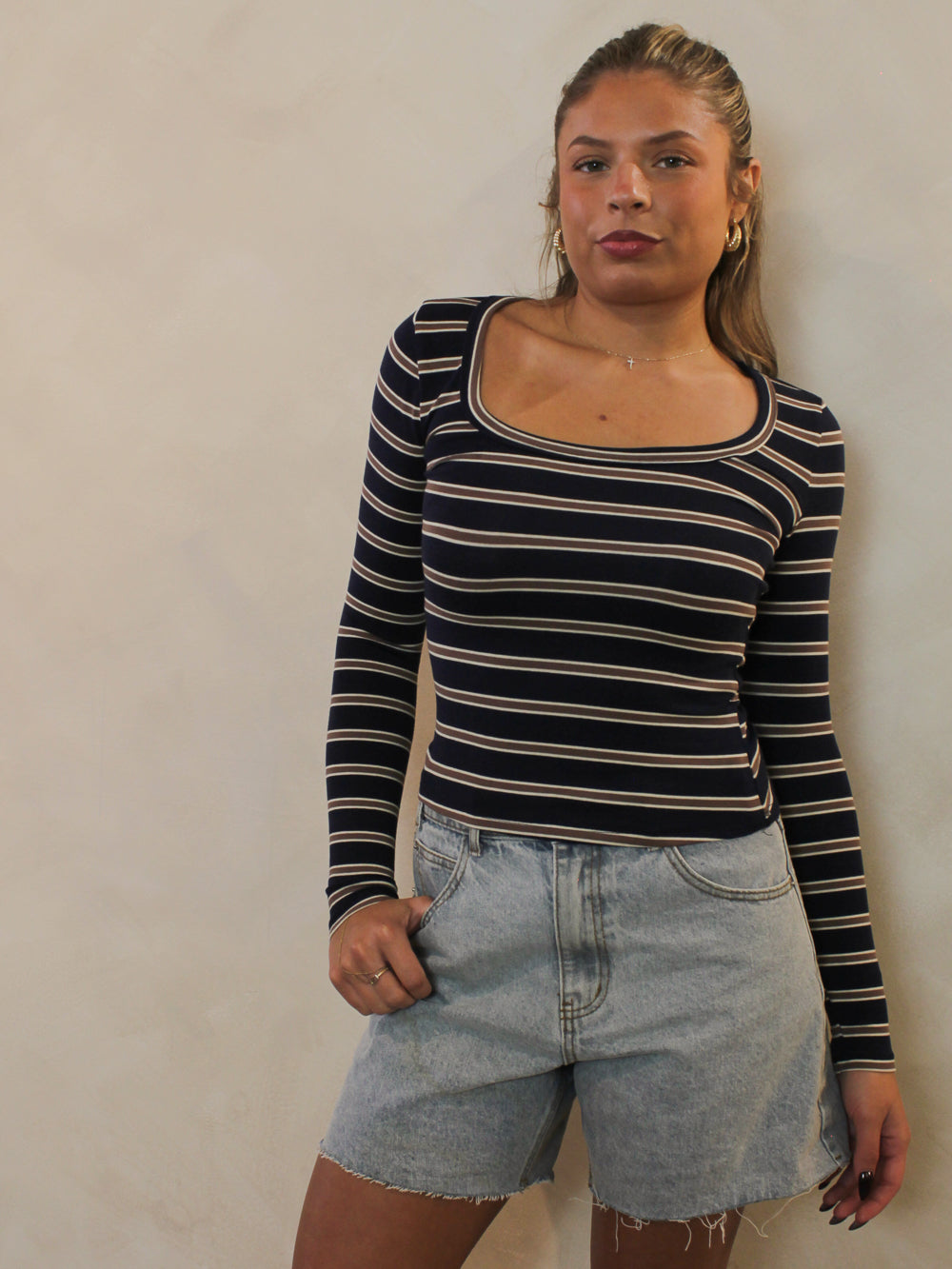 Navy and chocolate striped long sleeve scoop neck top 