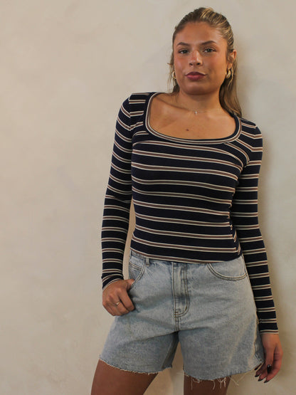Navy and chocolate striped long sleeve scoop neck top 