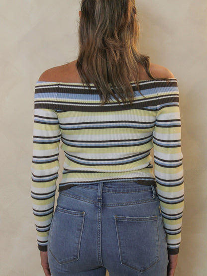 Back view of yellow, blue and brown striped off-the-shoulder top.