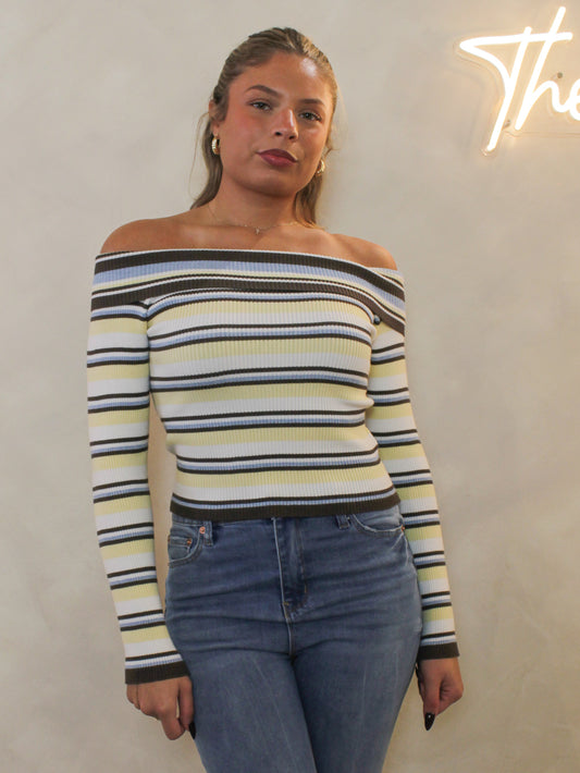 Yellow, blue and brown striped off-the-shoulder top.