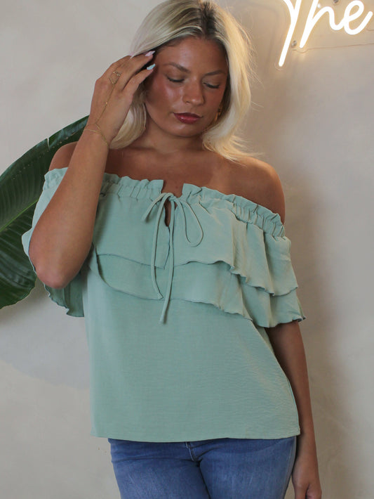 DAY DREAMER SAGE OFF THE SHOULDER TOP