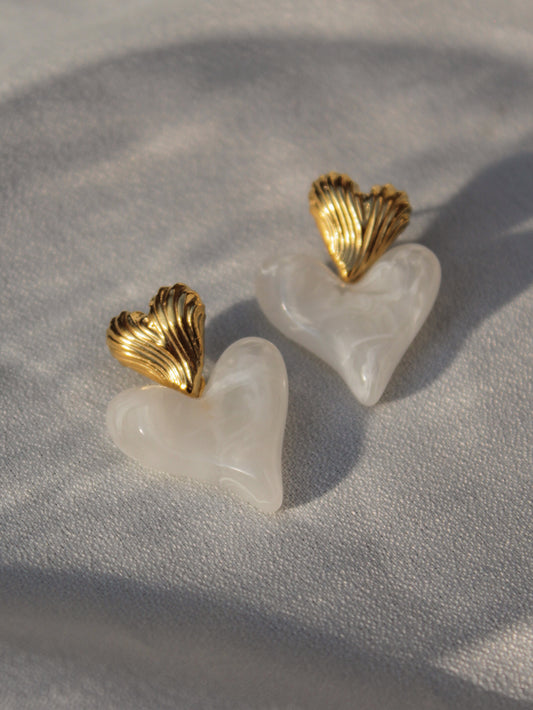Gold & White Resin Heart Earrings 