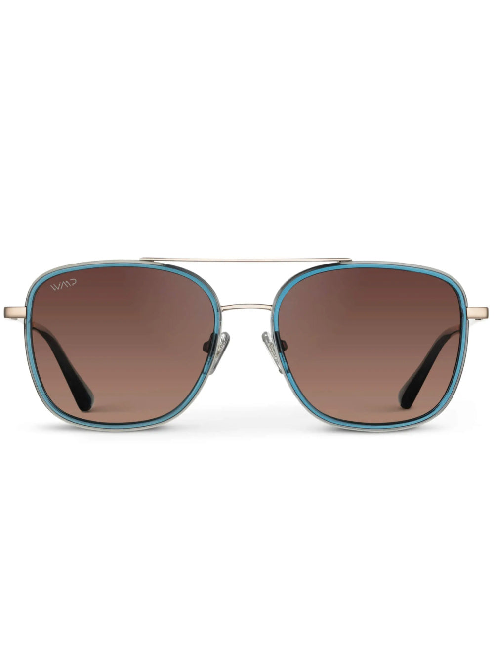 WMP Gia Aviator Sunglasses for women in a crystal blue color with brown lenses and gold hardware