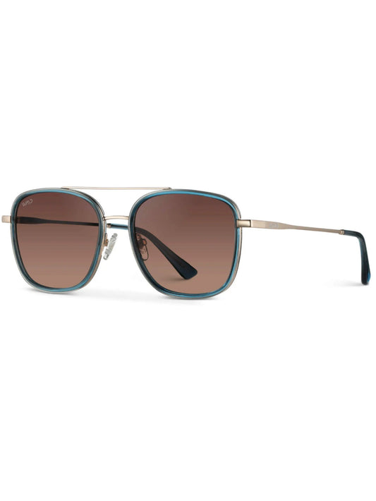 Blue square aviator sunglasses for women with gradient brown lenses and gold hardware