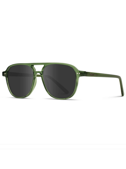 Green acetate sunglasses for women with smoke colored lenses.