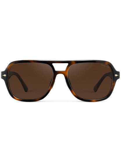 Sunglasses with tortoiseshell frame and brown lenses.