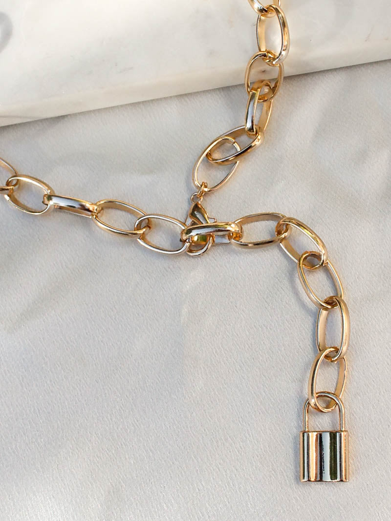 Gold Link Necklace with Lock Pendant