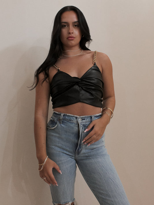 Black Faux Leather Crop Top with Twisted Detail