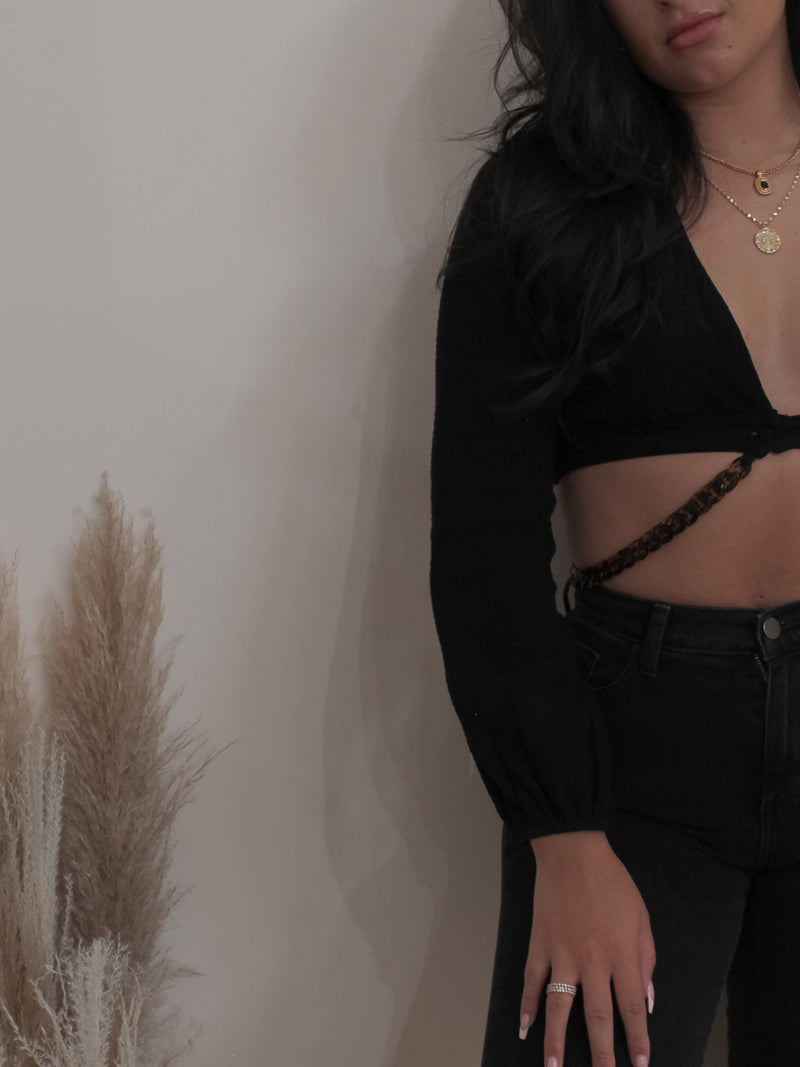Black Long Sleeve Crop Top with Chain Detail