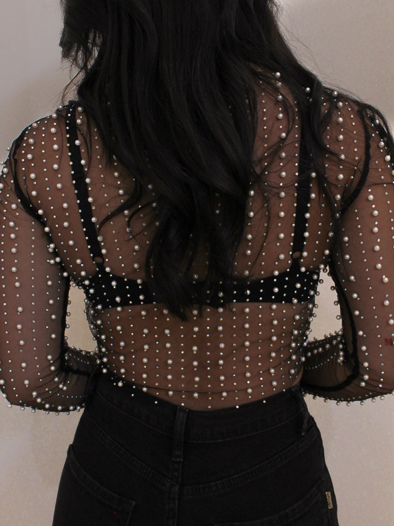 End of Time Rhinestone & Pearl Mesh Jumpsuit - Black Small