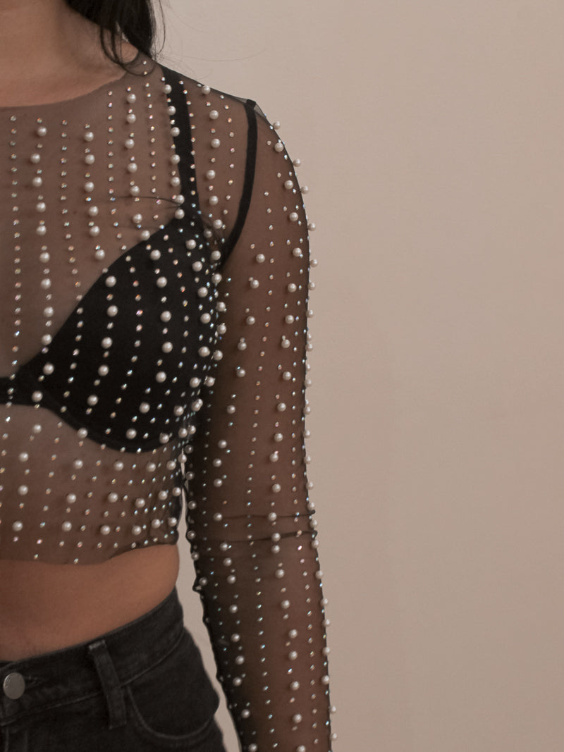 Pearl & Rhinestone Mesh Crop Top 